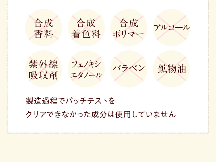 合成香料・合成着色料・合成ポリマー・アルコール・紫外線吸収剤・フェノキシエタノール・パラベン・鉱物油はすべて使用しておりません。　製造過程でパッチテストをクリアできなかった成分は使用していません
