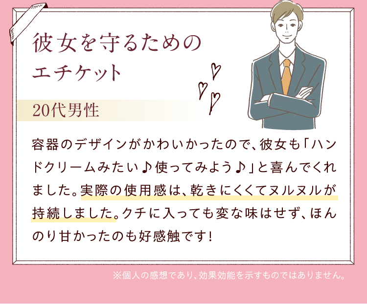 彼女を守るためのエチケット／20代　女性容器のデザインがかわいかったので、彼女も「ハンドクリームみたい♪使ってみよう♪」と喜んでくれました。実際の使用感は、乾きにくくてヌルヌルが持続しました。クチに入っても変な味はせず、ほんのり甘かったのも好感触です！※個人の感想であり、効果効能を示すものではありません。