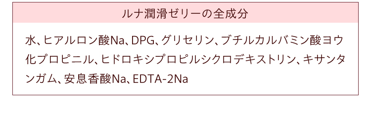 【ルナ 潤滑ゼリー の全成分】　水、ヒアルロン酸Na、DPG、グリセリン、ブチルカルバミン酸ヨウ化プロピニル、ヒドロキシプロピルシクロデキストリン、キサンタンガム、安息香酸Na、EDTA-2Na